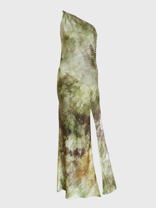 CHRISTIAN DIOR by John Galliano Fall 2001 Vintage Tie Dye Silk One Shoulder Maxi Evening Dress