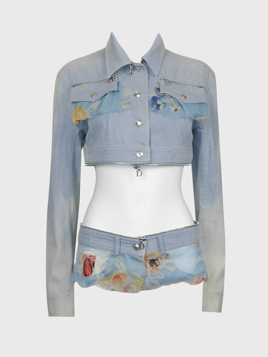 CHRISTIAN DIOR by John Galliano Spring 2001 Vintage Convertible Denim Jacket w/ Logo Zippers Size M