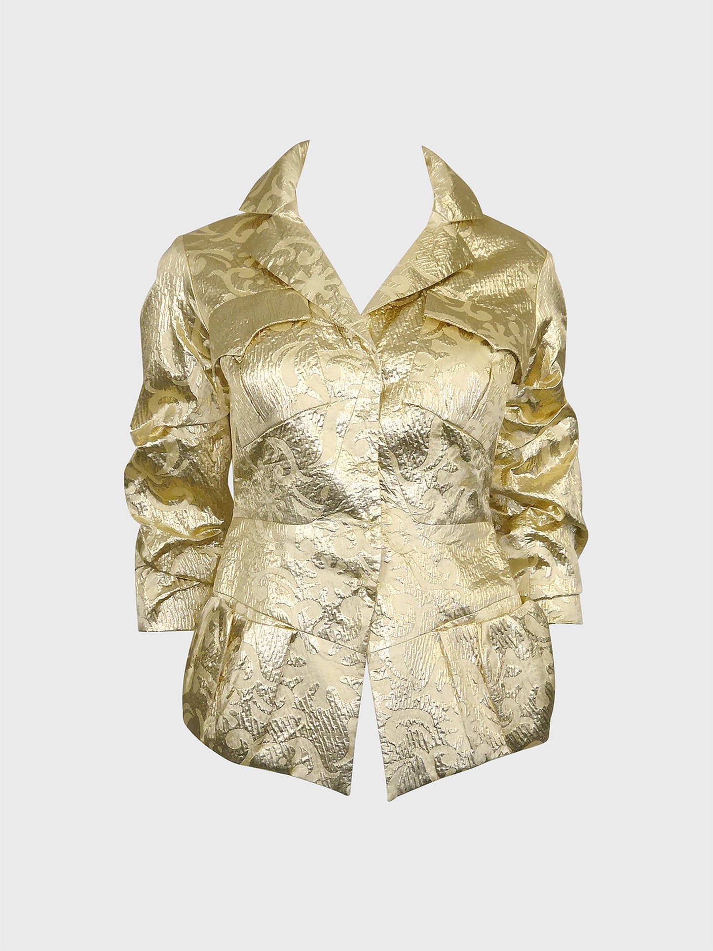 CHRISTIAN LACROIX Fall 1999 Vintage Sculptural Metallic Gold Brocade Evening Jacket Size XS