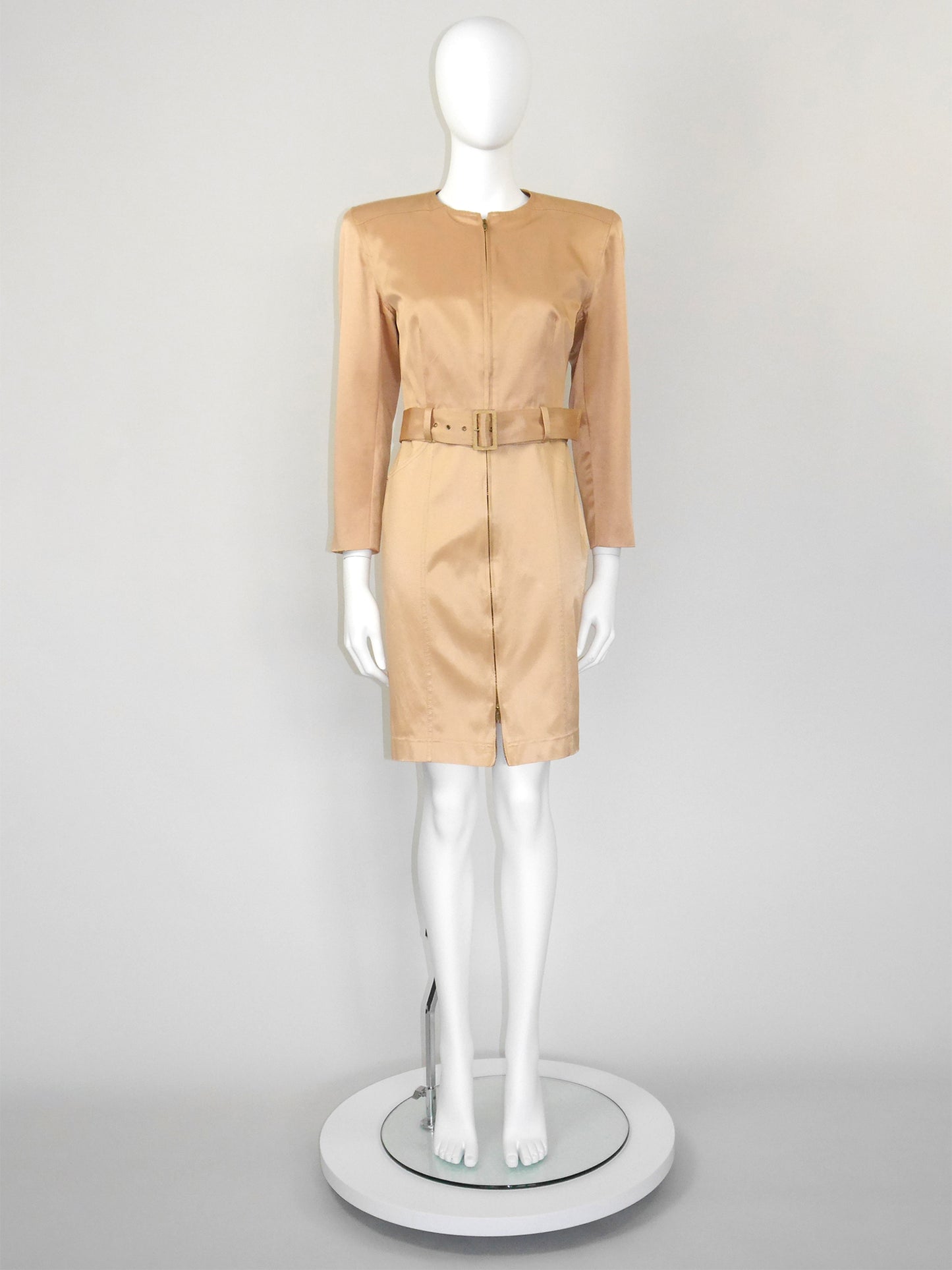 CLAUDE MONTANA 1990s Vintage Gold Mini Dress & Cropped Jacket w/ Belt Suit Size S