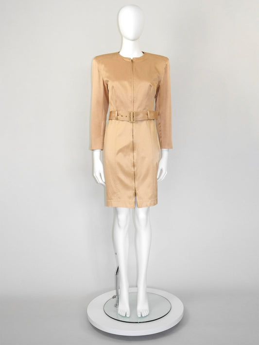 CLAUDE MONTANA 1990s Vintage Gold Mini Dress & Cropped Jacket w/ Belt Suit Size S