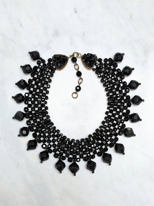 COPPOLA E TOPPO 1960s Vintage Jet Black Beaded Choker Necklace Statement Jewelry