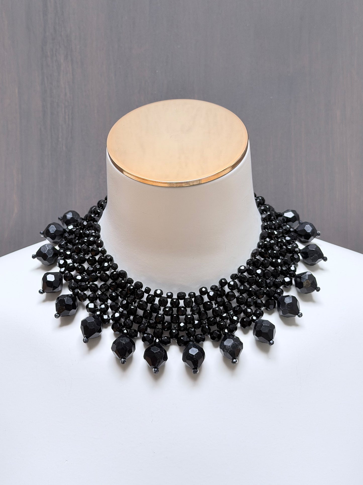 COPPOLA E TOPPO 1960s Vintage Jet Black Beaded Choker Necklace Statement Jewelry