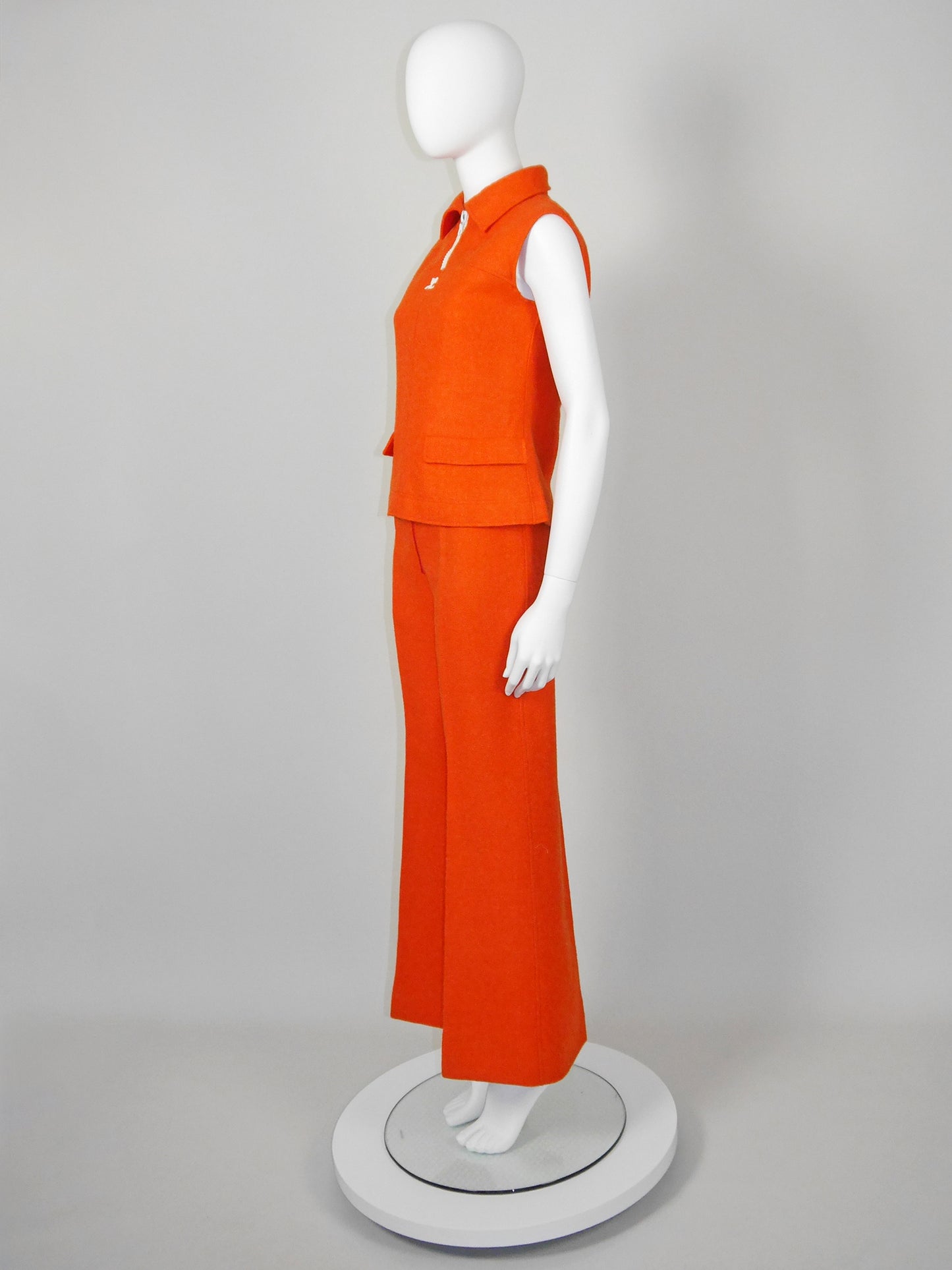COURRÈGES 1960s 1970s Vintage Orange Wool Top & Pants Suit w/ Logo Size XS