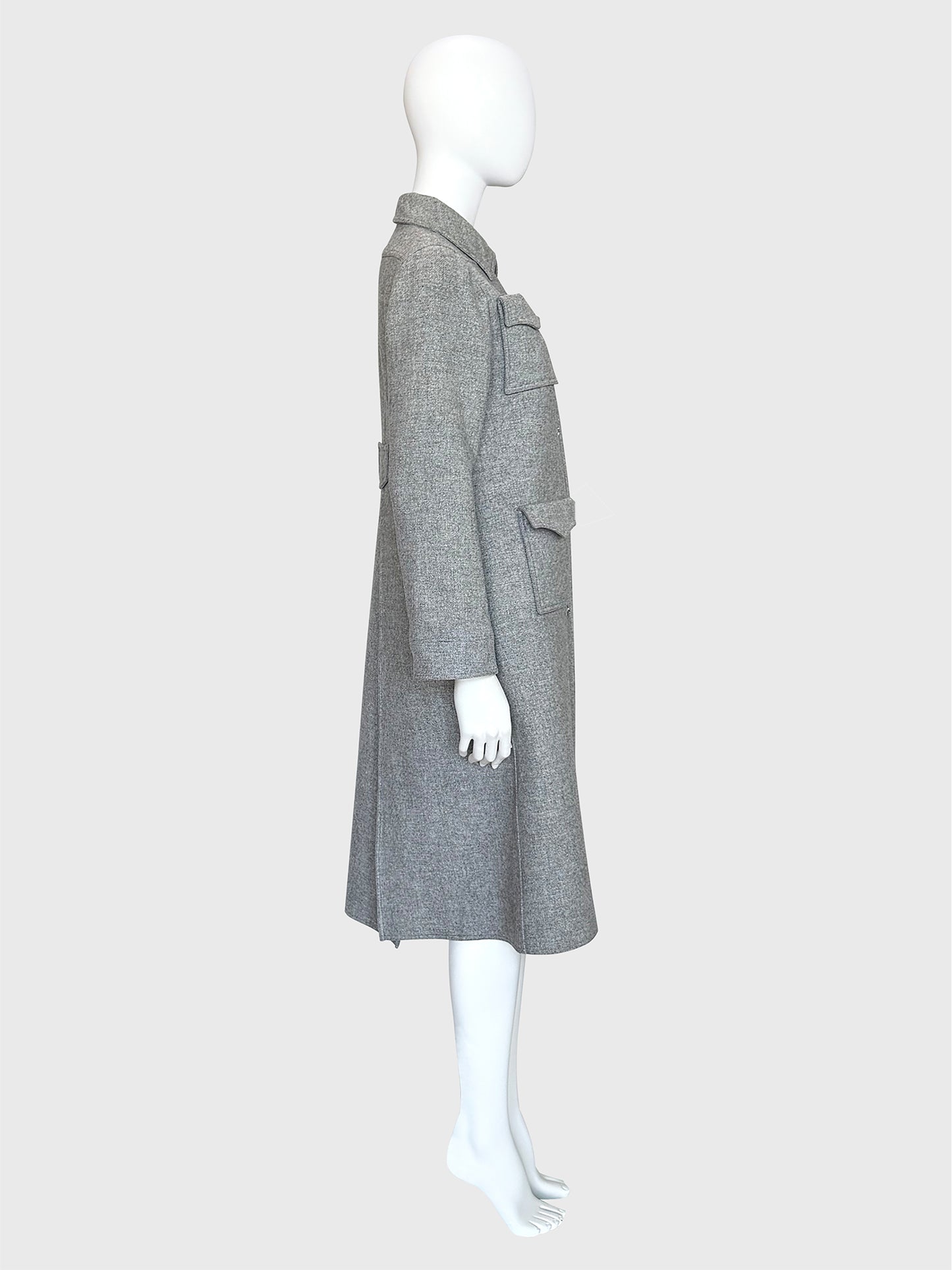 COURRÈGES 1970s Vintage Grey Wool Coat w/ Flap Pockets & High Back Vent Size XS-S