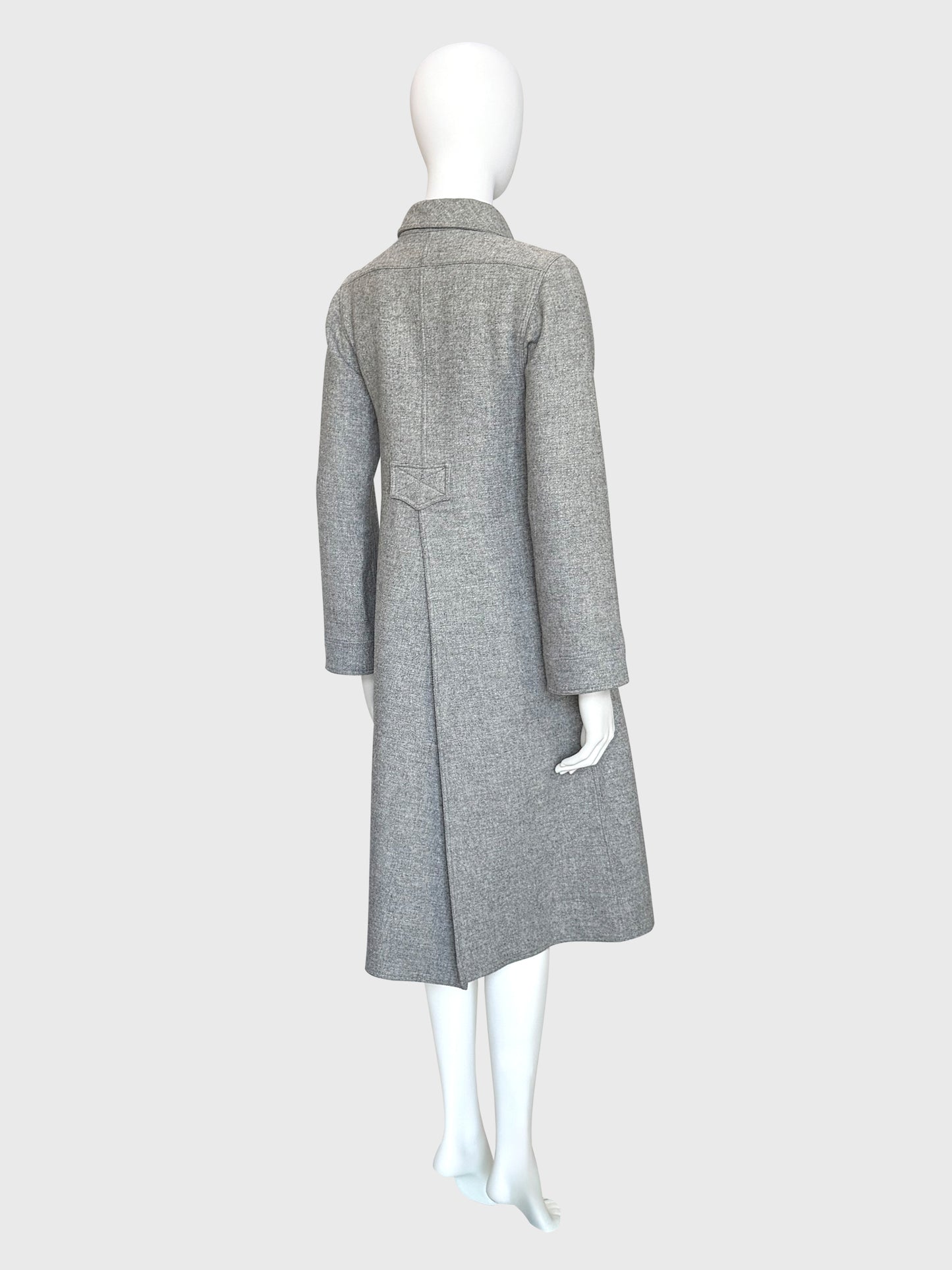 COURRÈGES 1970s Vintage Grey Wool Coat w/ Flap Pockets & High Back Vent Size XS-S