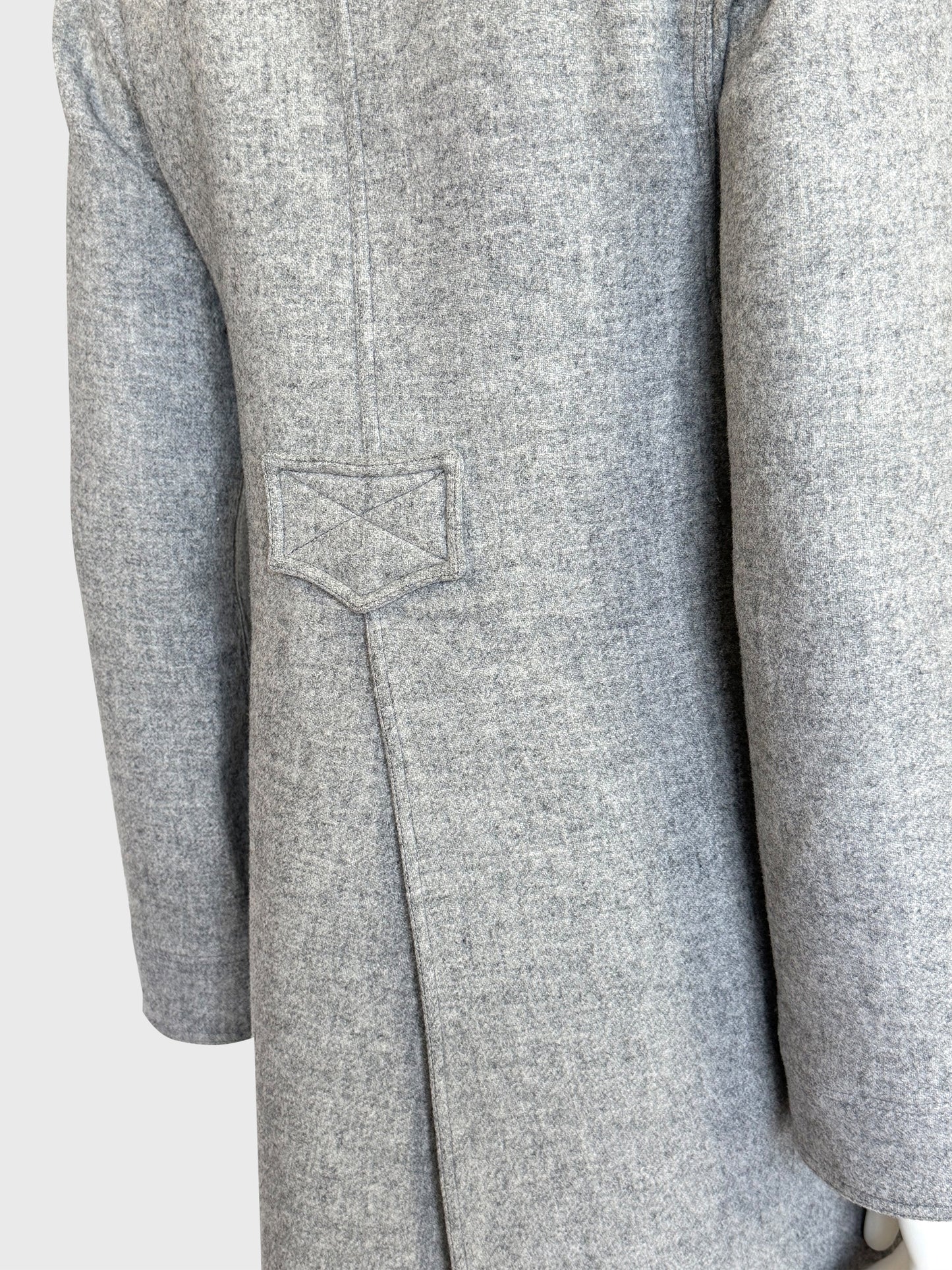 COURRÈGES 1970s Vintage Grey Wool Coat w/ Flap Pockets & High Back Vent Size XS-S