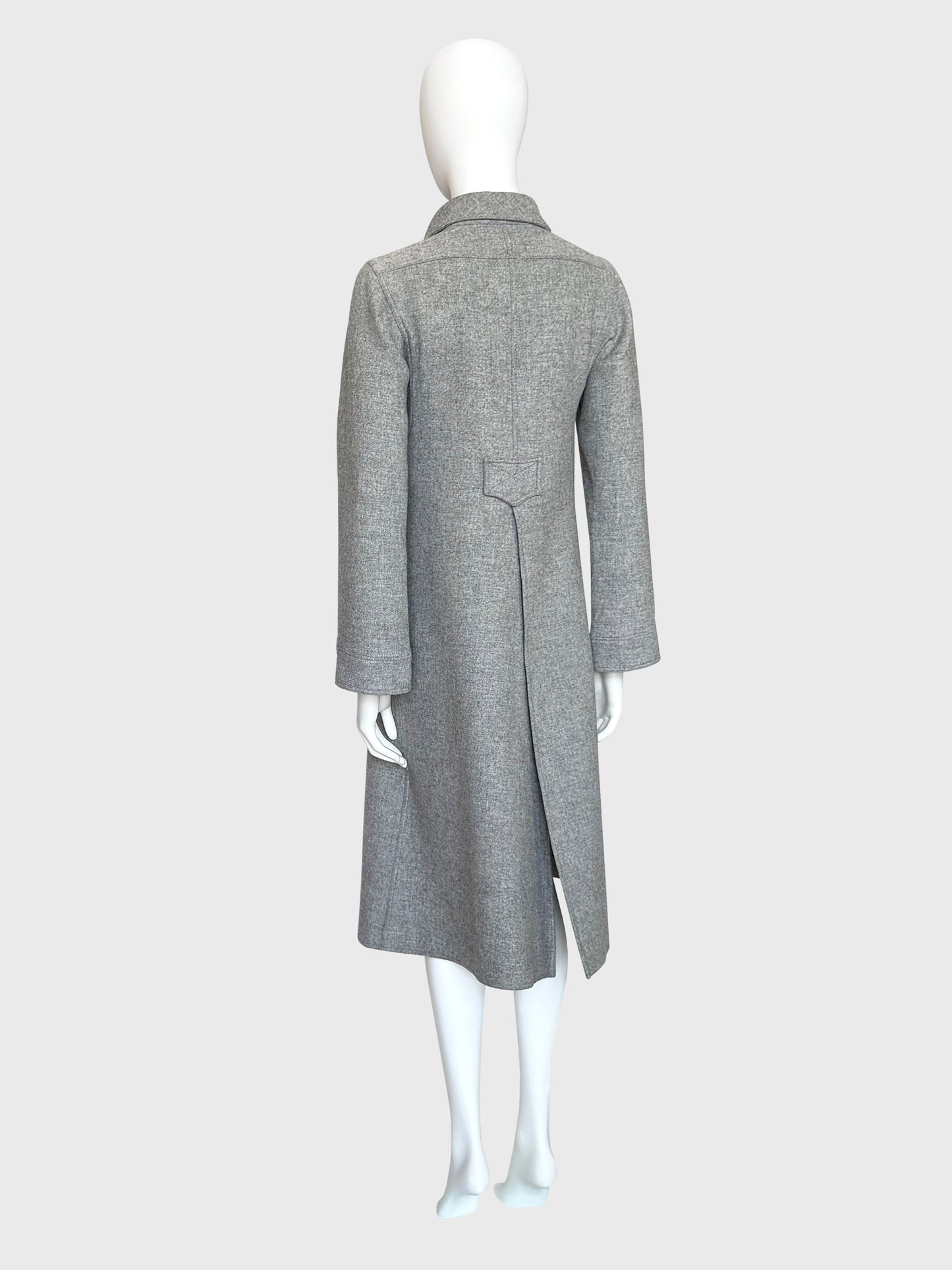 COURRÈGES 1970s Vintage Grey Wool Coat w/ Flap Pockets & High Back Vent Size XS-S