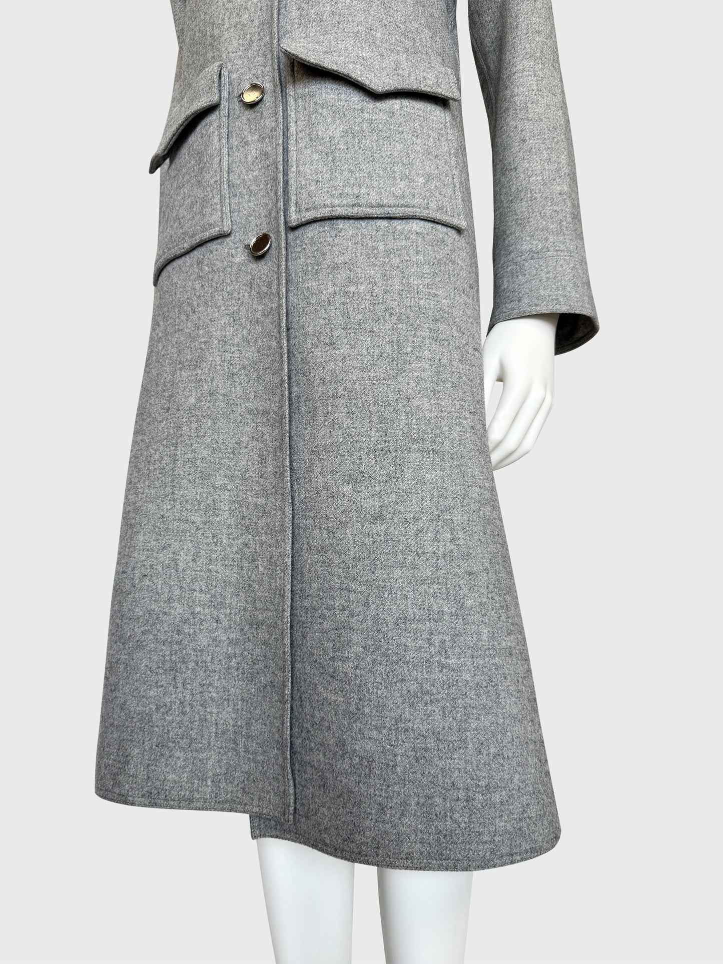 COURRÈGES 1970s Vintage Grey Wool Coat w/ Flap Pockets & High Back Vent Size XS-S