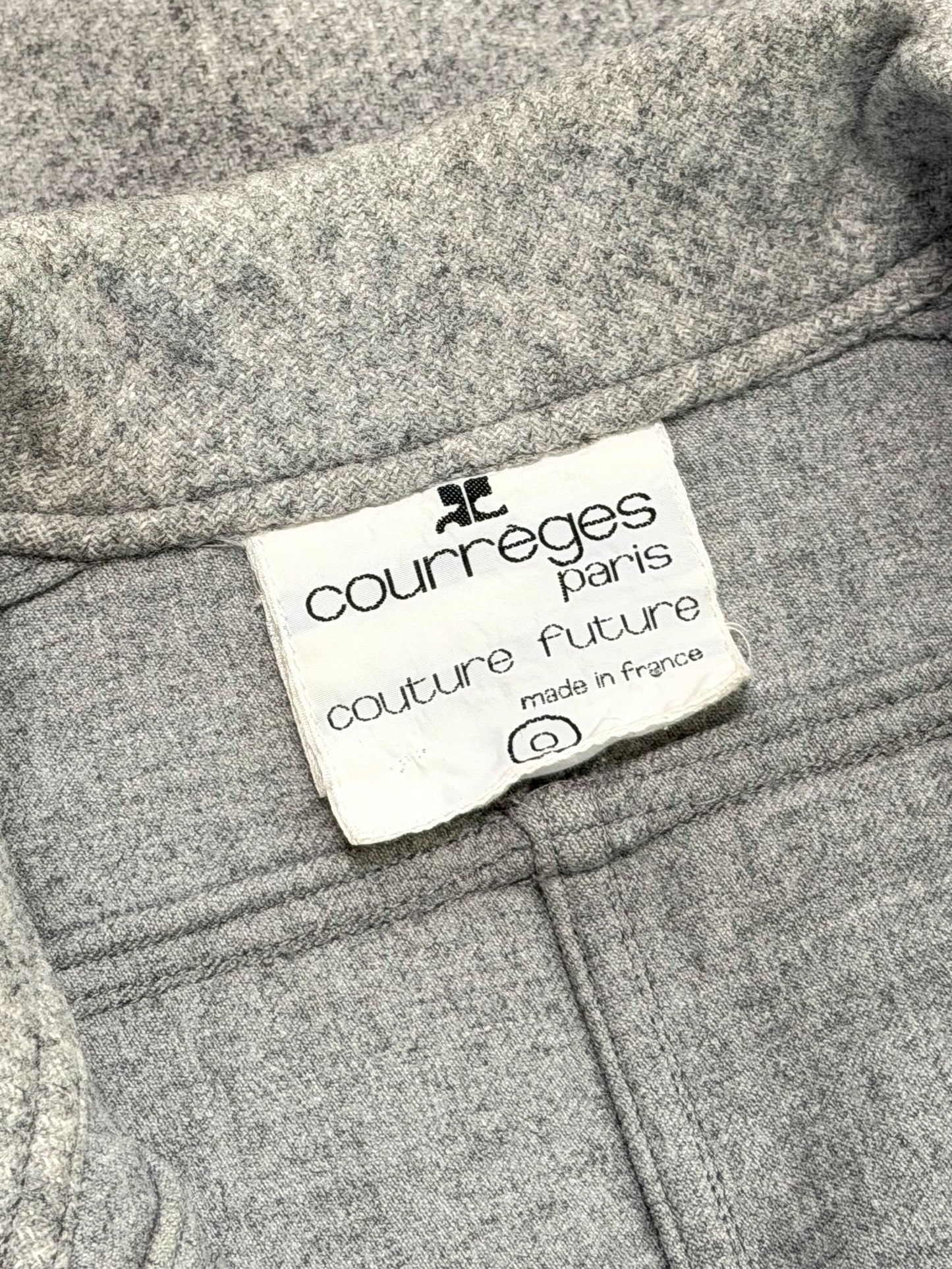 COURRÈGES 1970s Vintage Grey Wool Coat w/ Flap Pockets & High Back Vent Size XS-S