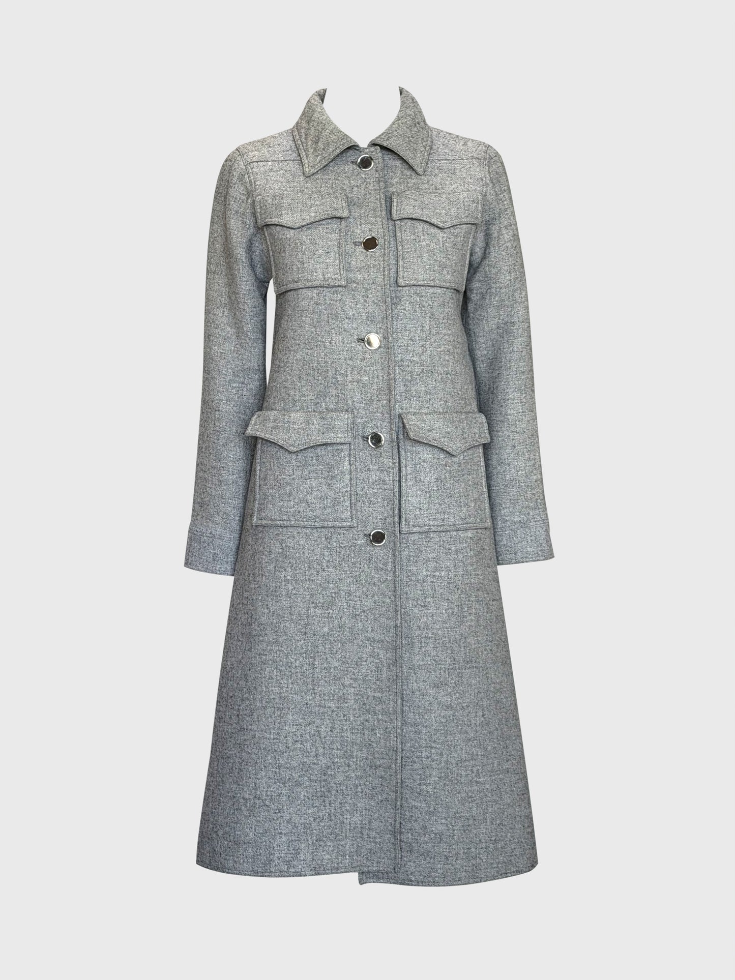 COURRÈGES 1970s Vintage Grey Wool Coat w/ Flap Pockets & High Back Vent Size XS-S