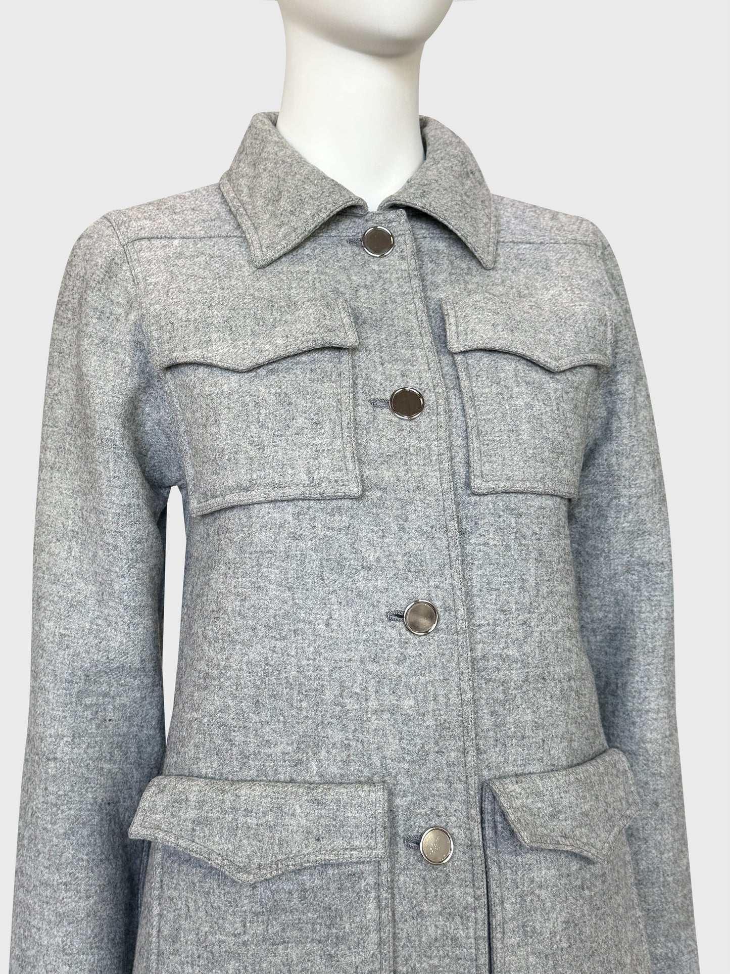 COURRÈGES 1970s Vintage Grey Wool Coat w/ Flap Pockets & High Back Vent Size XS-S