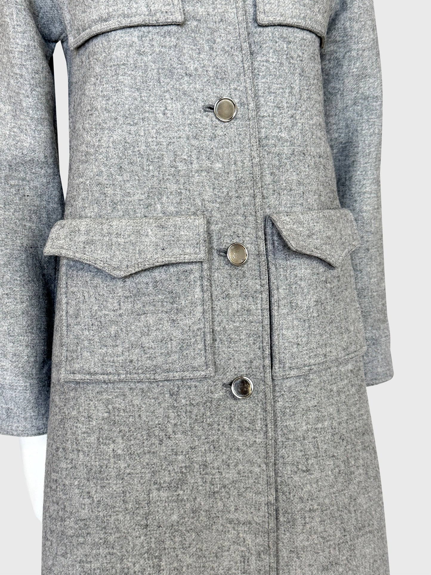 COURRÈGES 1970s Vintage Grey Wool Coat w/ Flap Pockets & High Back Vent Size XS-S