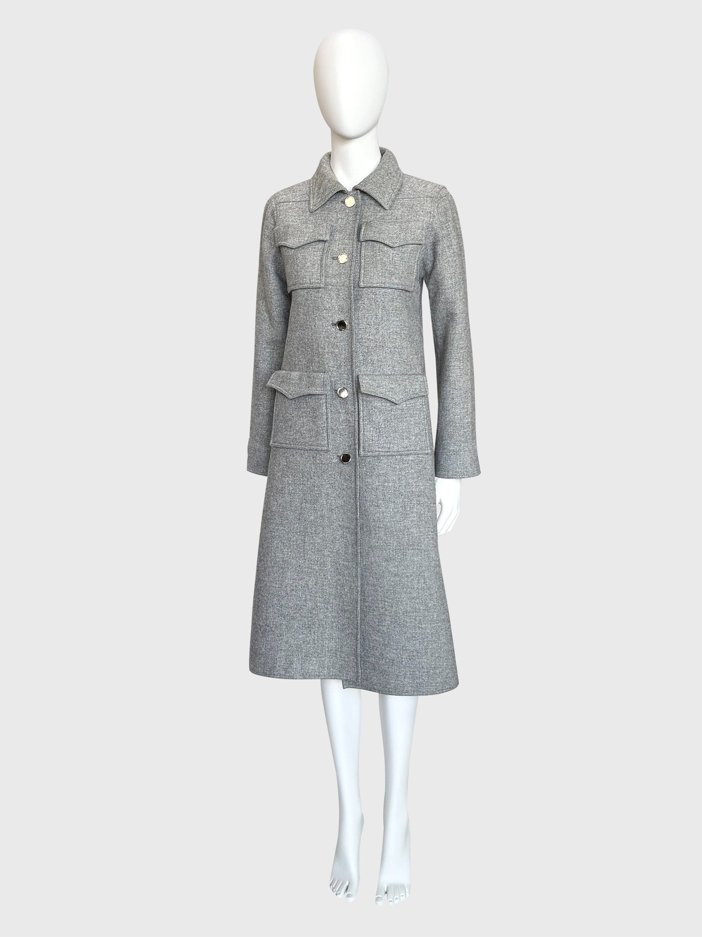 COURRÈGES 1970s Vintage Grey Wool Coat w/ Flap Pockets & High Back Vent Size XS-S