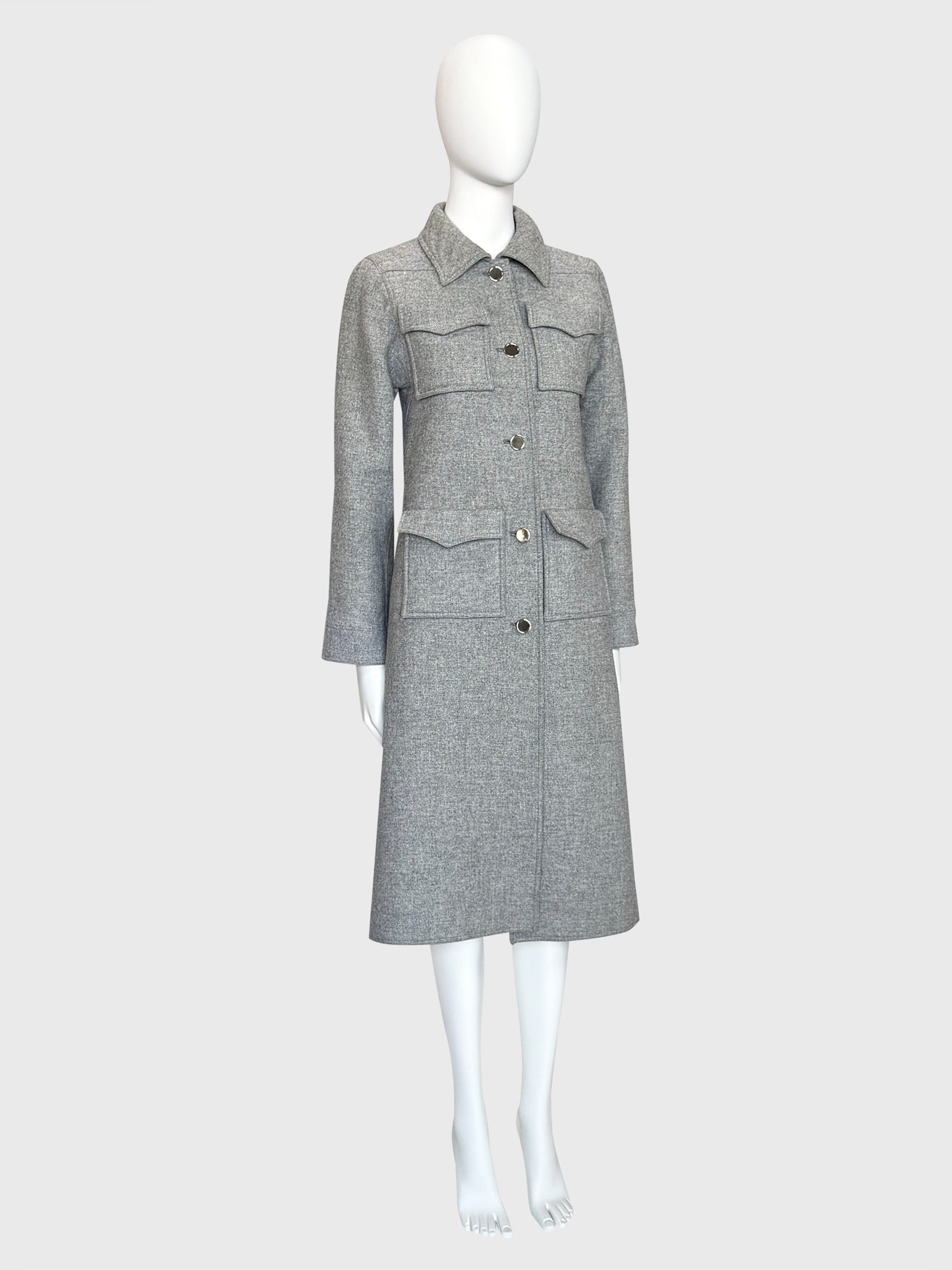 COURRÈGES 1970s Vintage Grey Wool Coat w/ Flap Pockets & High Back Vent Size XS-S