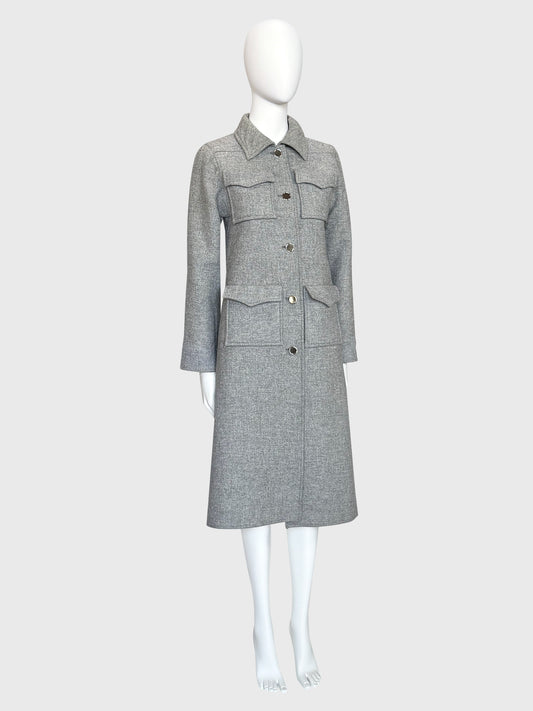 COURRÈGES 1970s Vintage Grey Wool Coat w/ Flap Pockets & High Back Vent Size XS-S