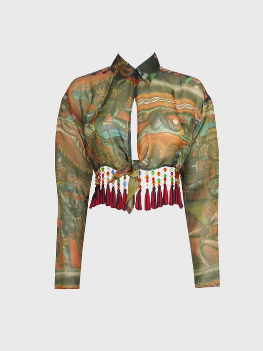 DOLCE & GABBANA Spring 1992 Vintage Cropped Silk Blouse w/ Beaded Tassels Size M