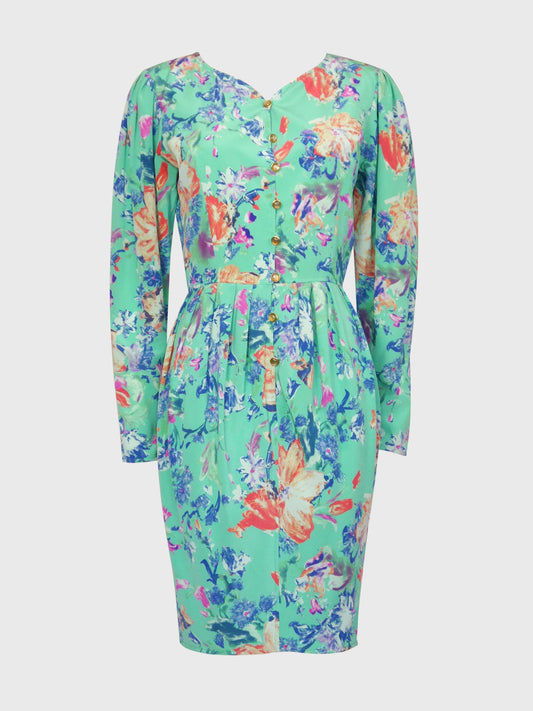 EMANUEL UNGARO Parallèle 1980s 1990s Vintage Floral Silk Day Dress Size XS