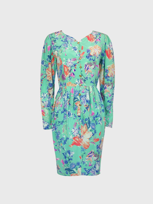 EMANUEL UNGARO Parallèle 1980s 1990s Vintage Floral Silk Day Dress Size XS