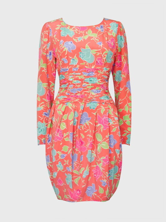 EMANUEL UNGARO Parallèle 1980s 1990s Vintage Floral Silk Day Dress Size XXS