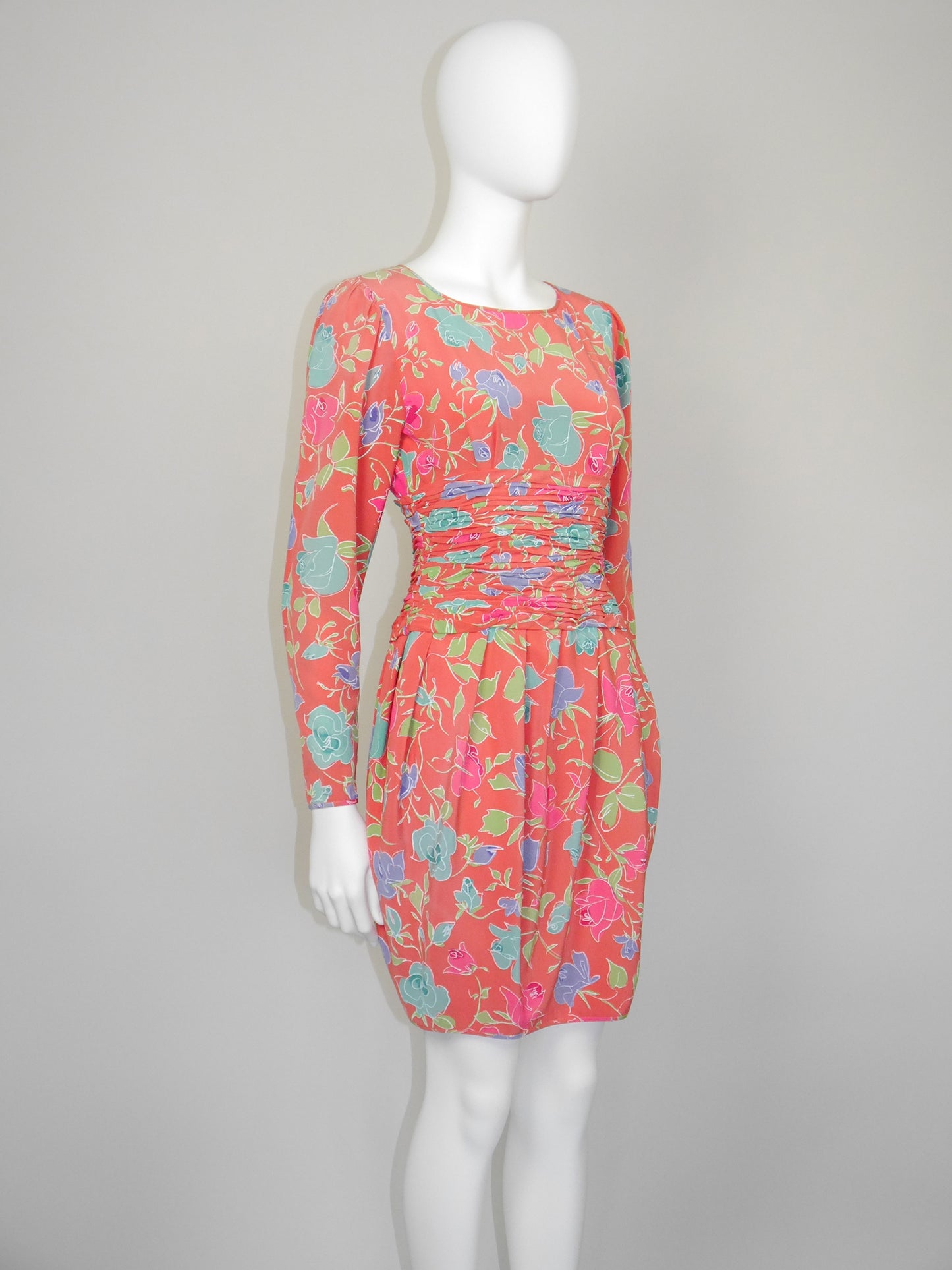 EMANUEL UNGARO Parallèle 1980s 1990s Vintage Floral Silk Day Dress Size XXS