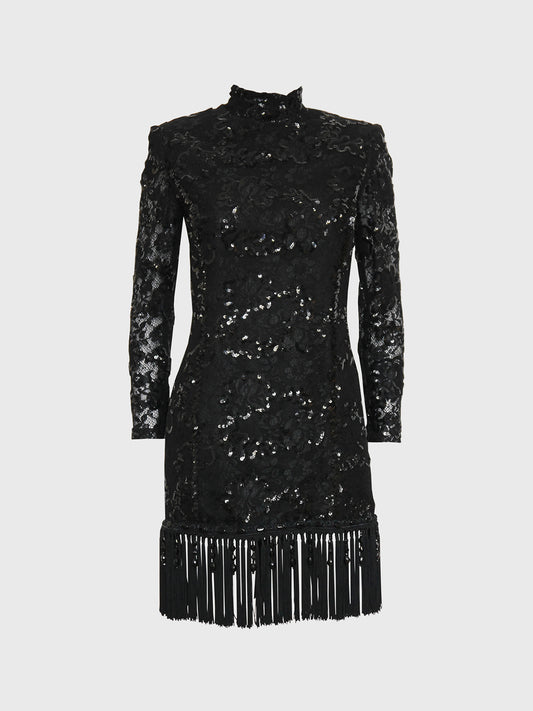 EMANUEL UNGARO c. Fall 1992 Vintage Fringed Lace Sequin Cocktail Dress Size XS