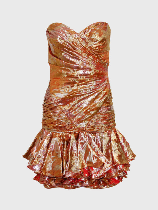 EMANUEL UNGARO 1980s Vintage Silk Lamé Bustier Cocktail Dress