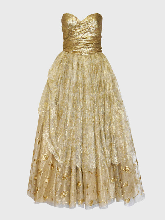 EMANUEL UNGARO c. Spring 1995 Vintage Gold Lace Evening Gown