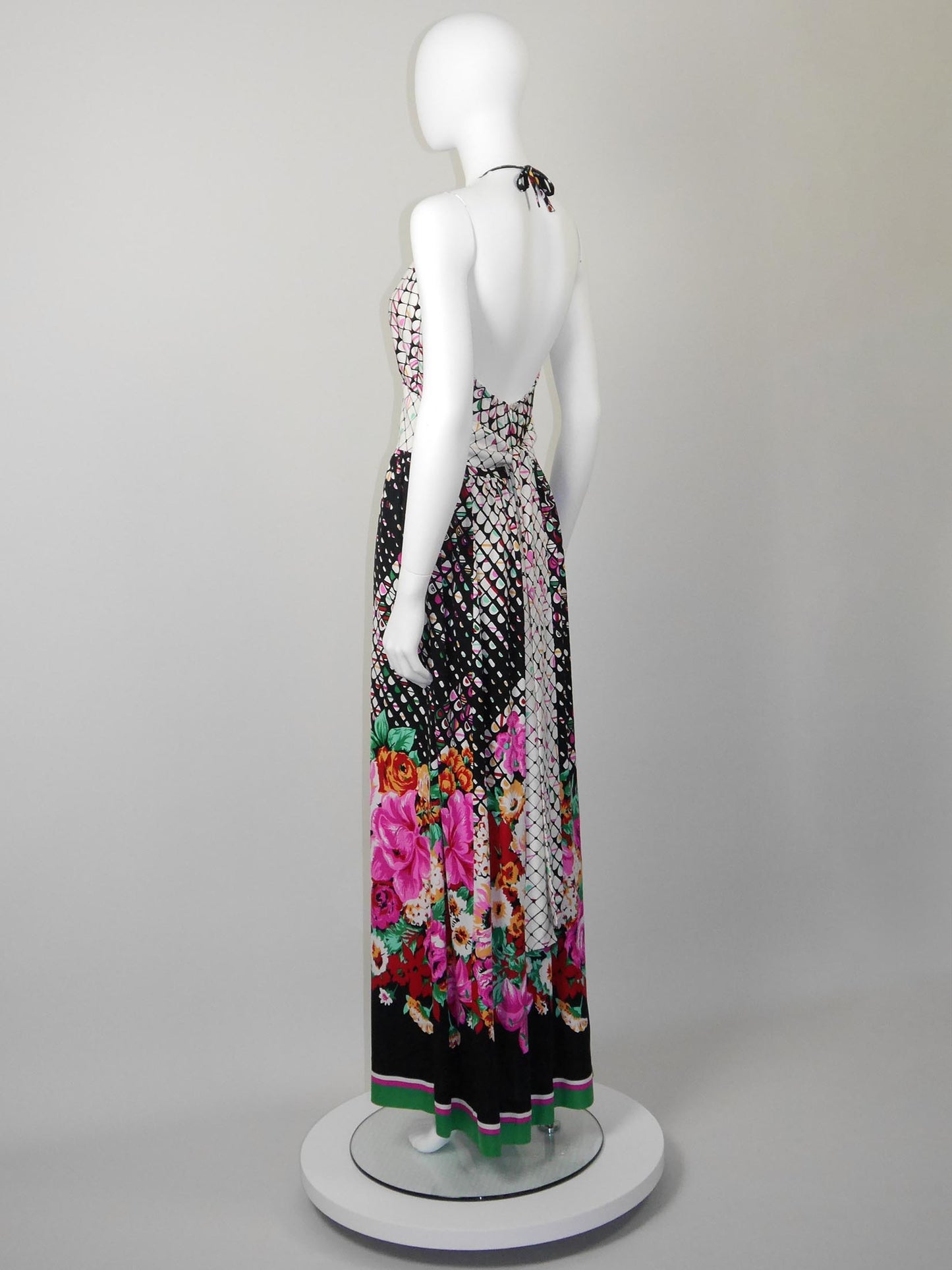 EMILIA BELLINI 1970s Vintage Printed Silk Jersey Backless Halterneck Maxi Dress Size M
