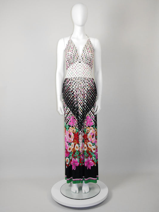 EMILIA BELLINI 1970s Vintage Printed Silk Jersey Backless Halterneck Maxi Dress Size M