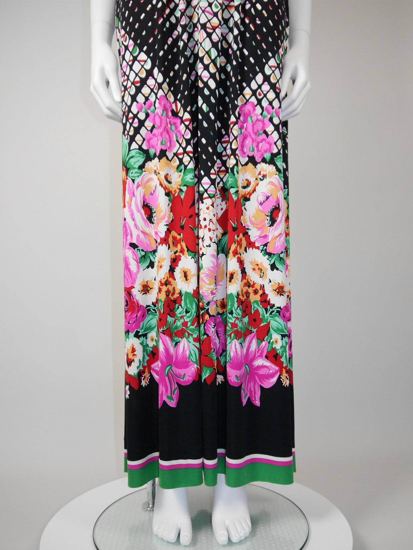 EMILIA BELLINI 1970s Vintage Printed Silk Jersey Backless Halterneck Maxi Dress Size M