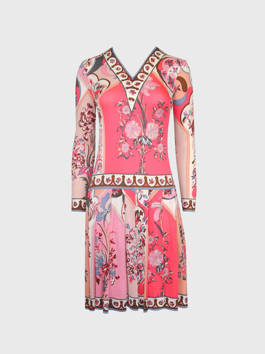 EMILIO PUCCI 1960s Vintage Signature Print Silk Jersey Dress Size XS