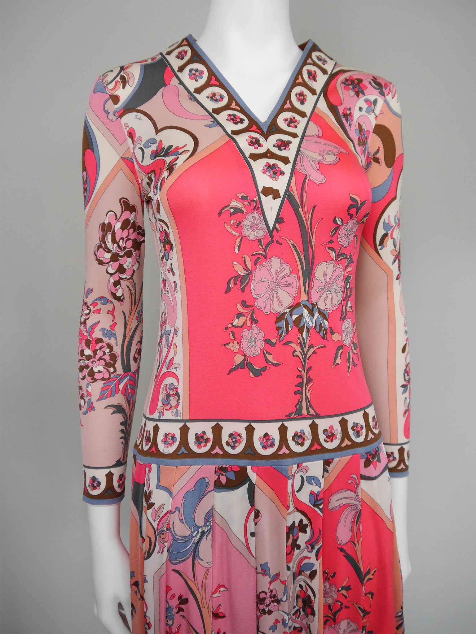 XXS 1960s Emilio Pucci Dress Long Sleeve Signature Print Silk