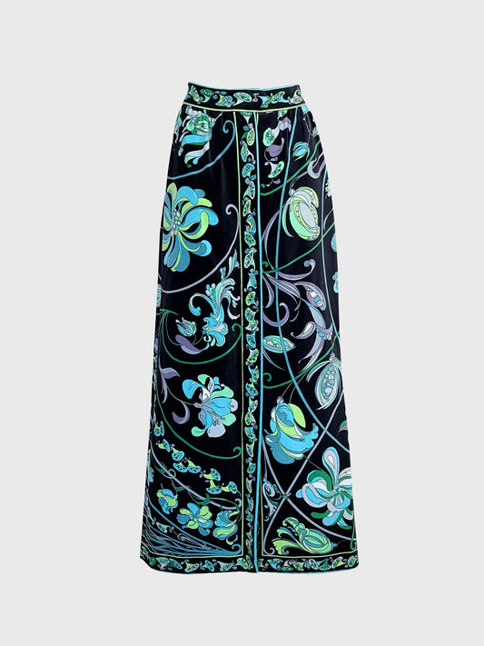 EMILIO PUCCI 1960s 1970s Vintage Signature Print Velvet Maxi Evening Skirt Size M