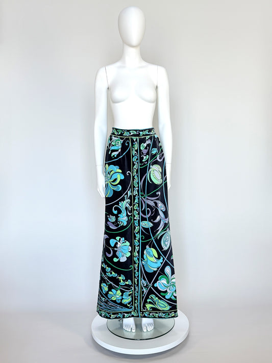 EMILIO PUCCI 1960s 1970s Vintage Signature Print Velvet Maxi Evening Skirt Size M