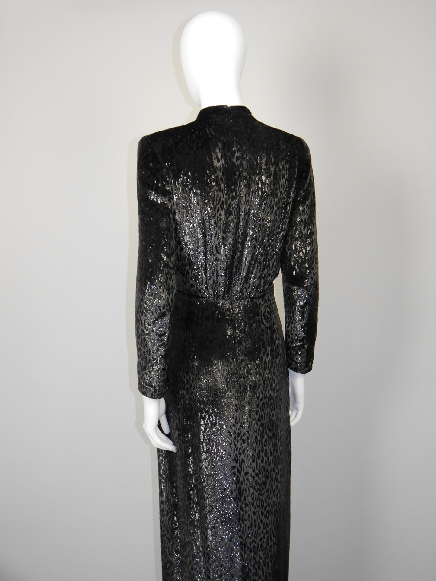 ESCADA 1980s Vintage Velvet Lamé Evening Gown Dark Brown Leopard Pattern Size XS