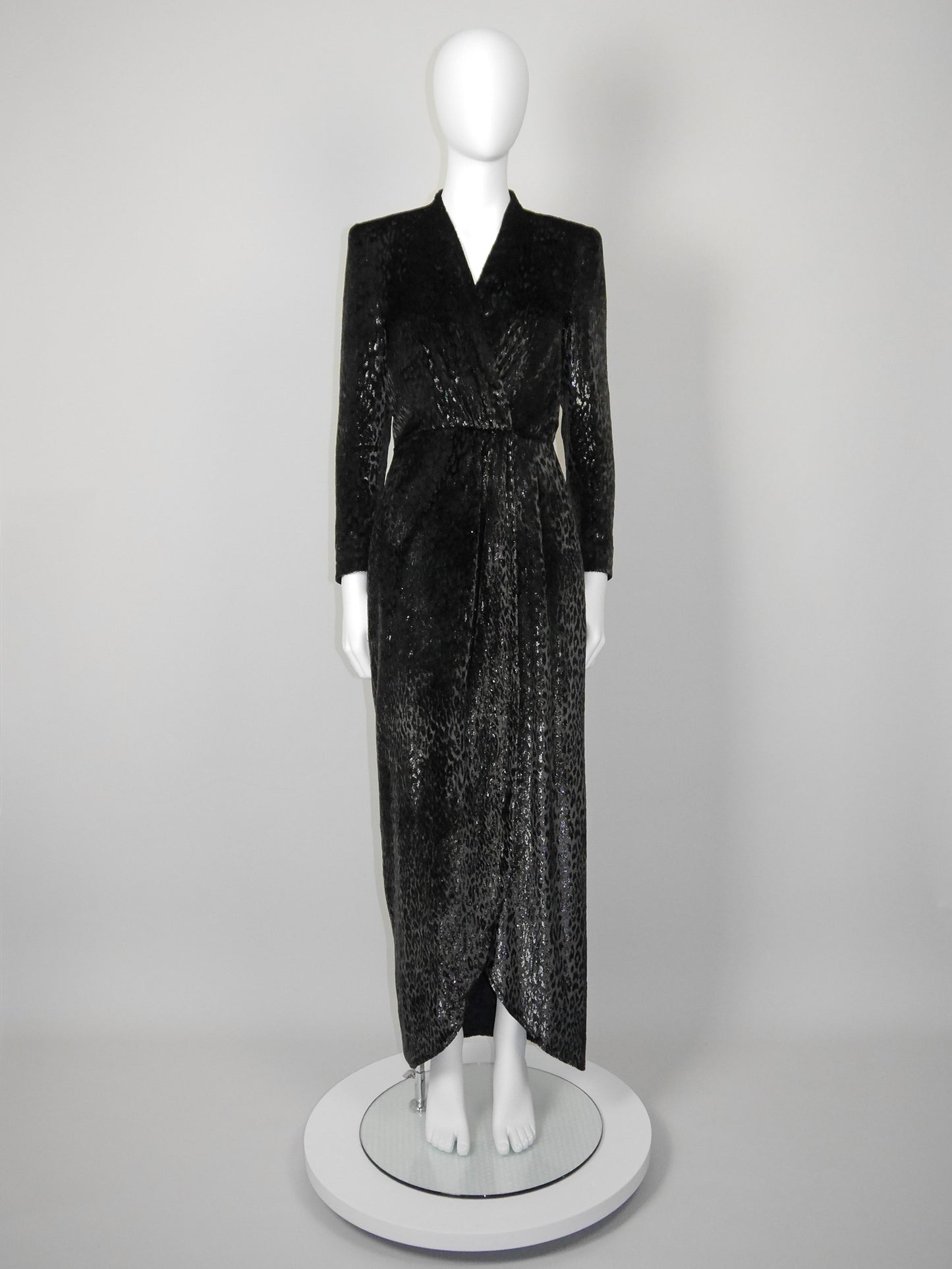 ESCADA 1980s Vintage Velvet Lamé Evening Gown Dark Brown Leopard Pattern Size XS