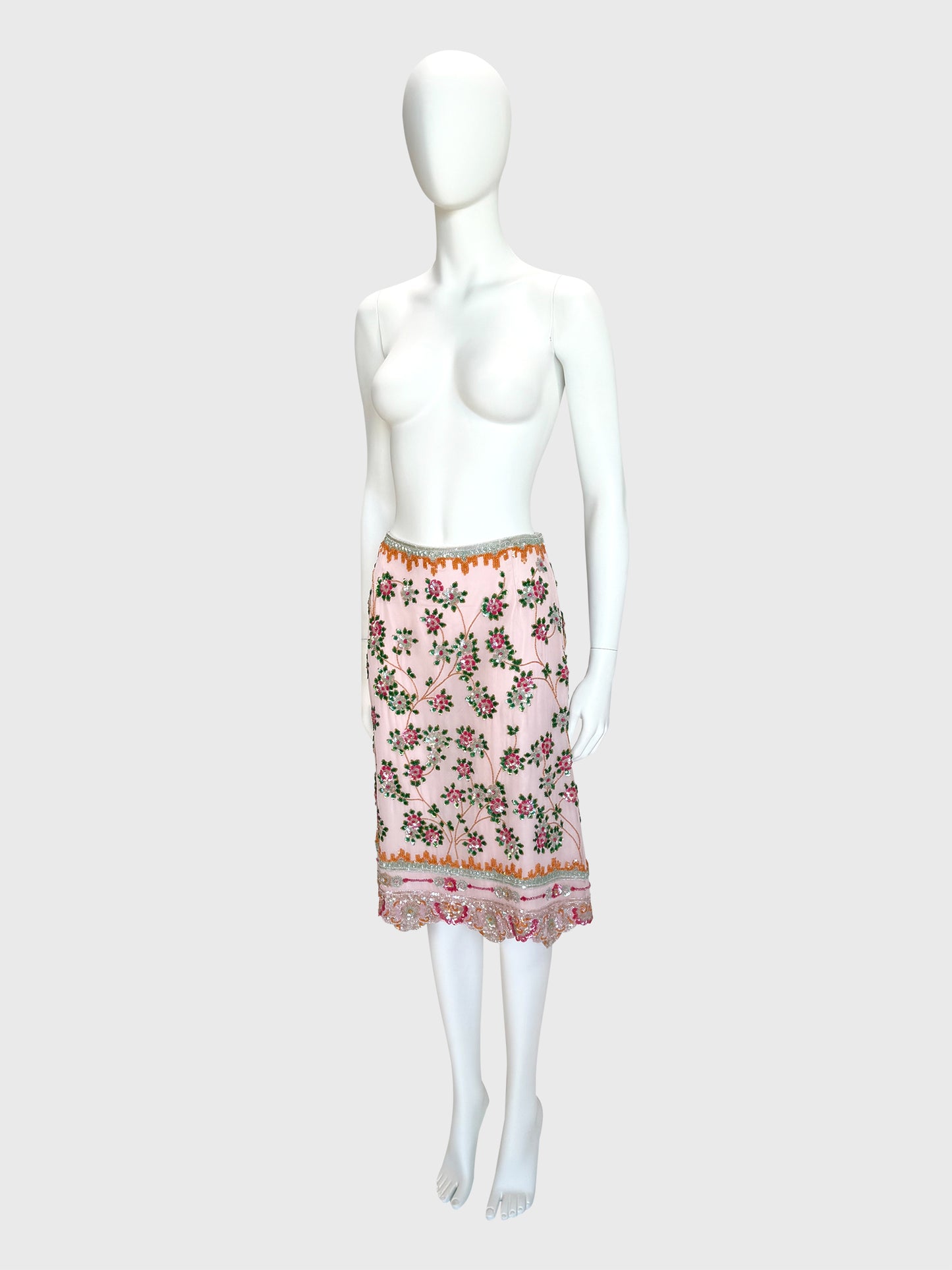 ESCADA Spring 2001 Vintage Pale Pink Beaded & Sequined Silk Skirt Size S-M