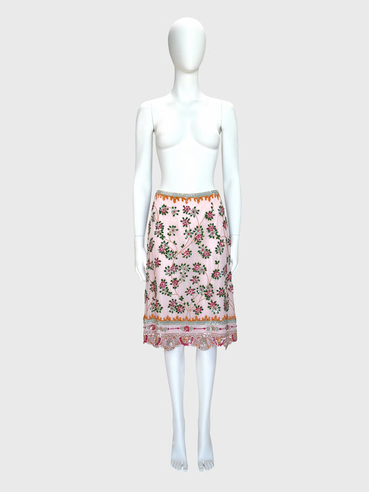 ESCADA Spring 2001 Vintage Pale Pink Beaded & Sequined Silk Skirt Size S-M