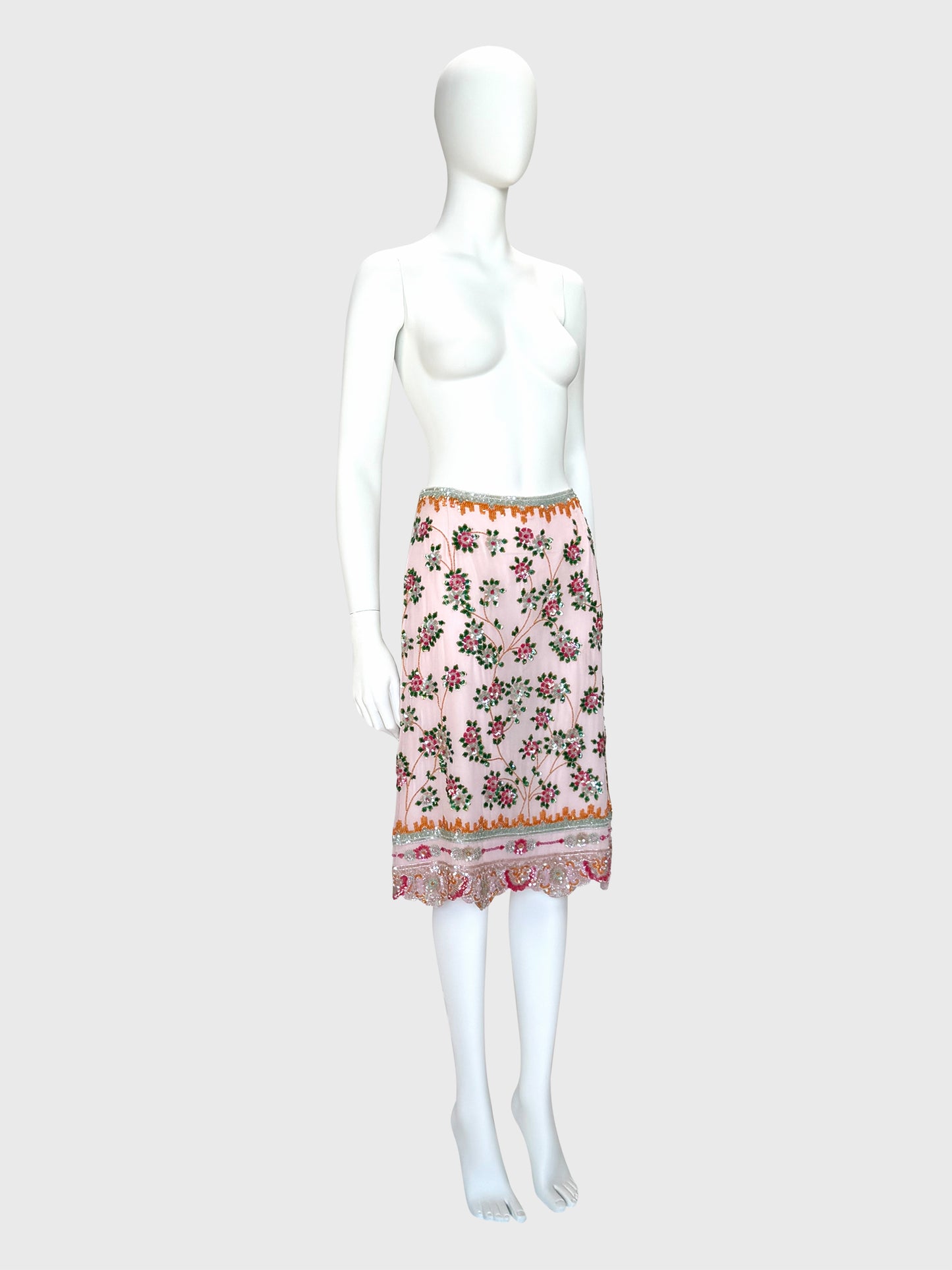 ESCADA Spring 2001 Vintage Pale Pink Beaded & Sequined Silk Skirt Size S-M