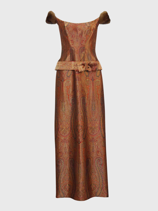 ESCADA Couture 1990s 2000s Vintage Brocade Maxi Evening Dress w/ Mink Straps Size XS