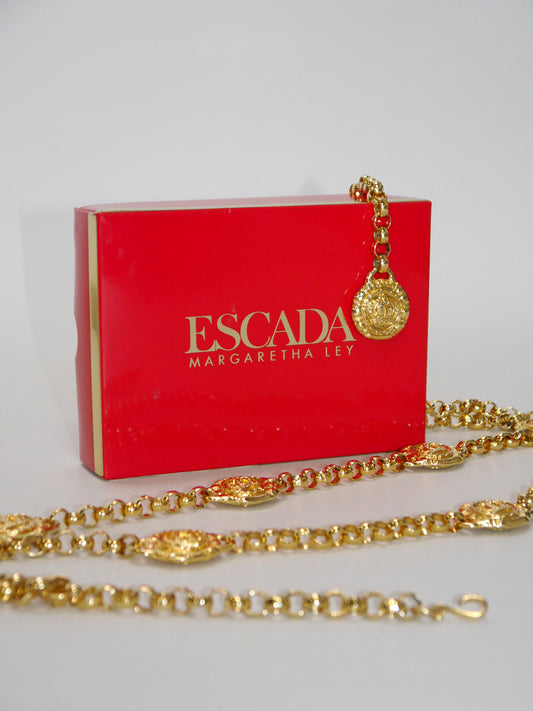 ESCADA 1990s Vintage Gold-Tone Metal Chain Belt or Necklace w/ Box