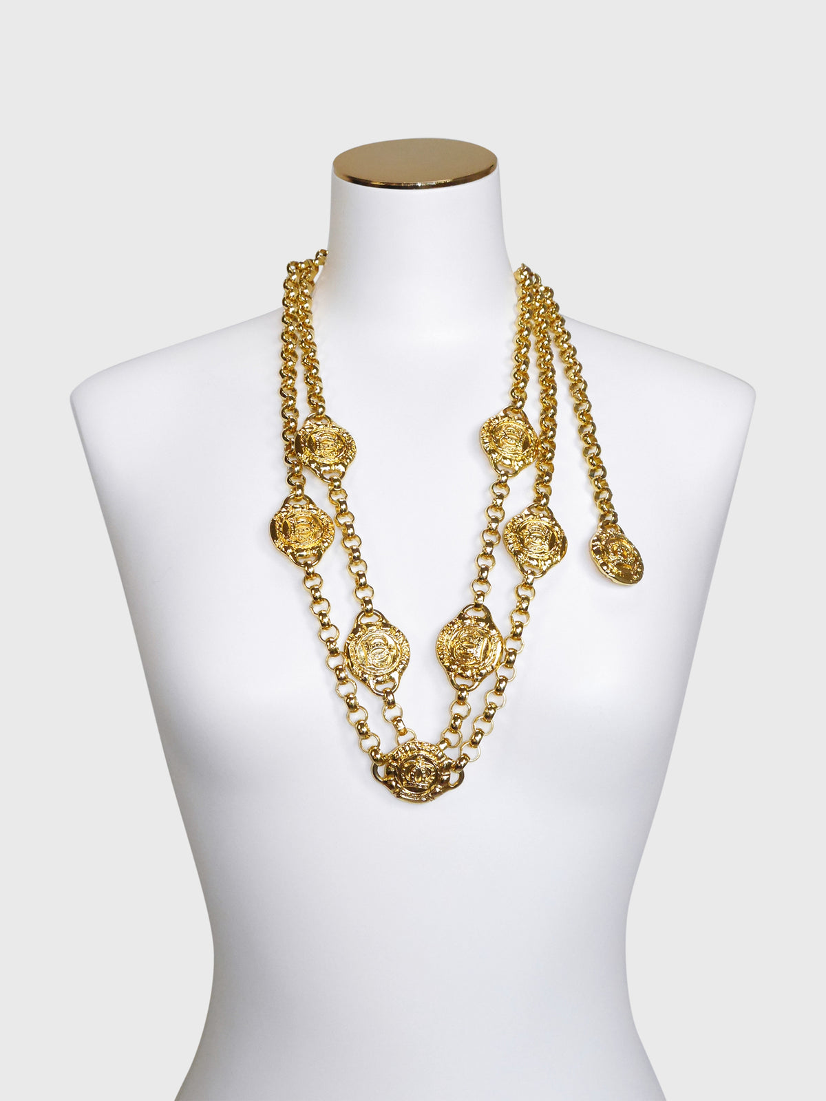 ESCADA Vintage 1990s Gold-Tone Double-Row Coin Chain Belt / Necklace Size S-M