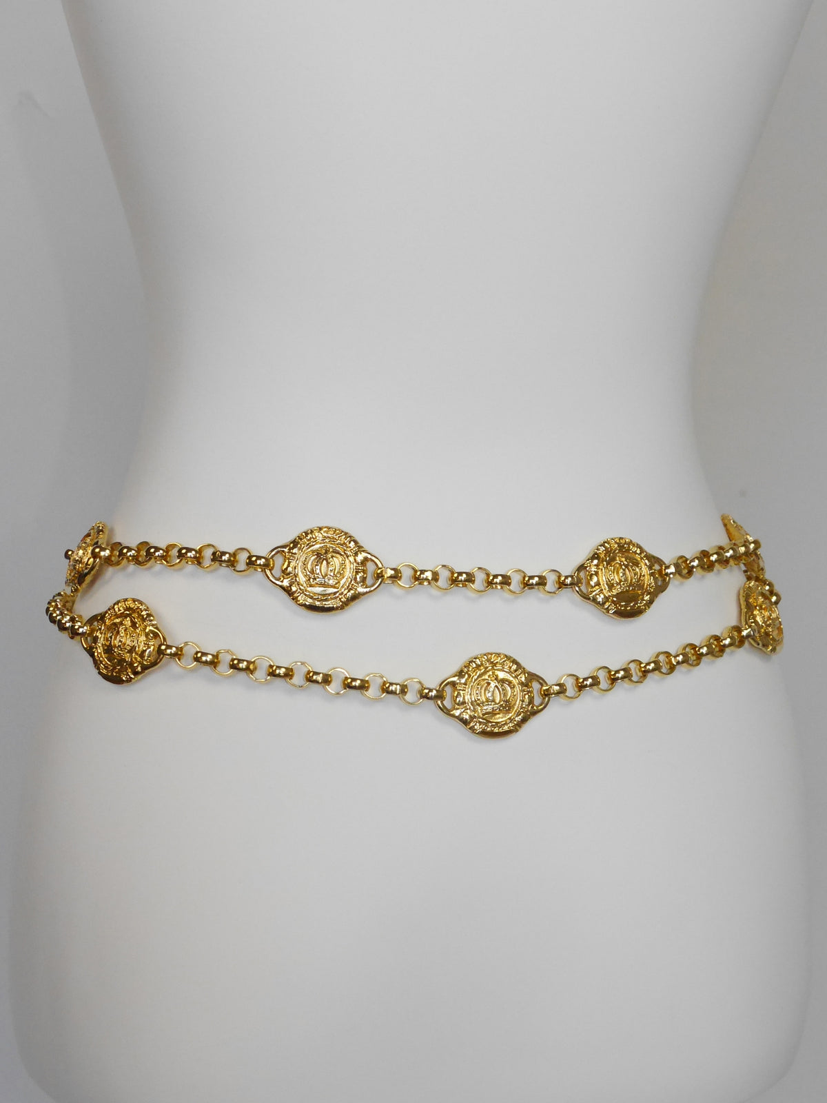 ESCADA 1990s Vintage Gold-Tone Metal Chain Belt or Necklace w/ Box