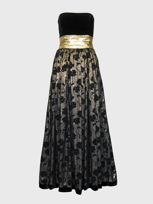 ESCADA 1980s Vintage Gold Lamé & Velvet Maxi Evening Dress Gown Size S