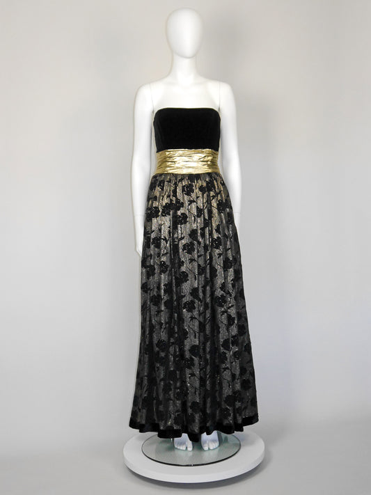 ESCADA 1980s Vintage Gold Lamé & Velvet Maxi Evening Dress Gown Size S