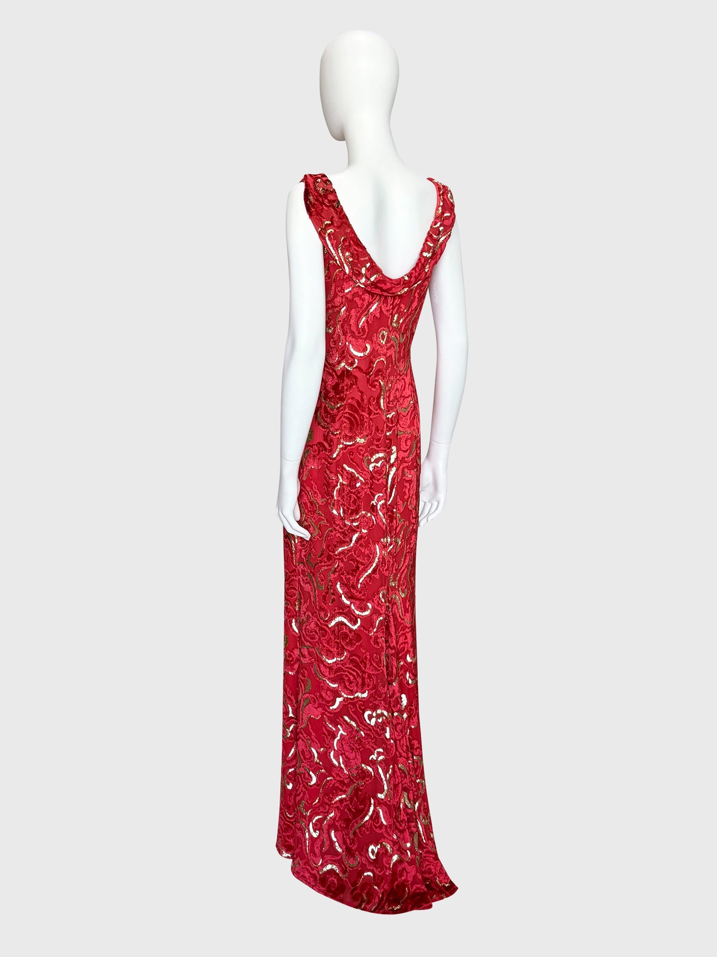 ESCADA 2002 Vintage Ad Campaign Red & Gold Devoré Velvet Evening Gown Size S