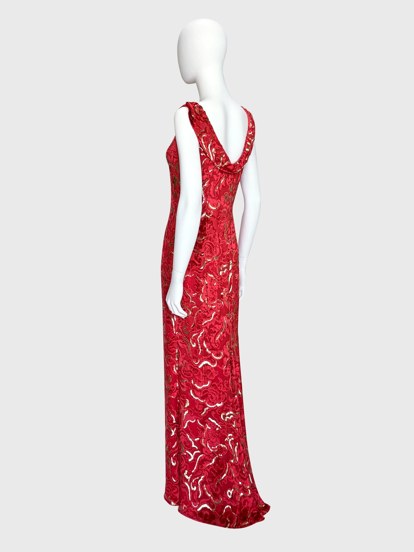 ESCADA 2002 Vintage Ad Campaign Red & Gold Devoré Velvet Evening Gown Size S