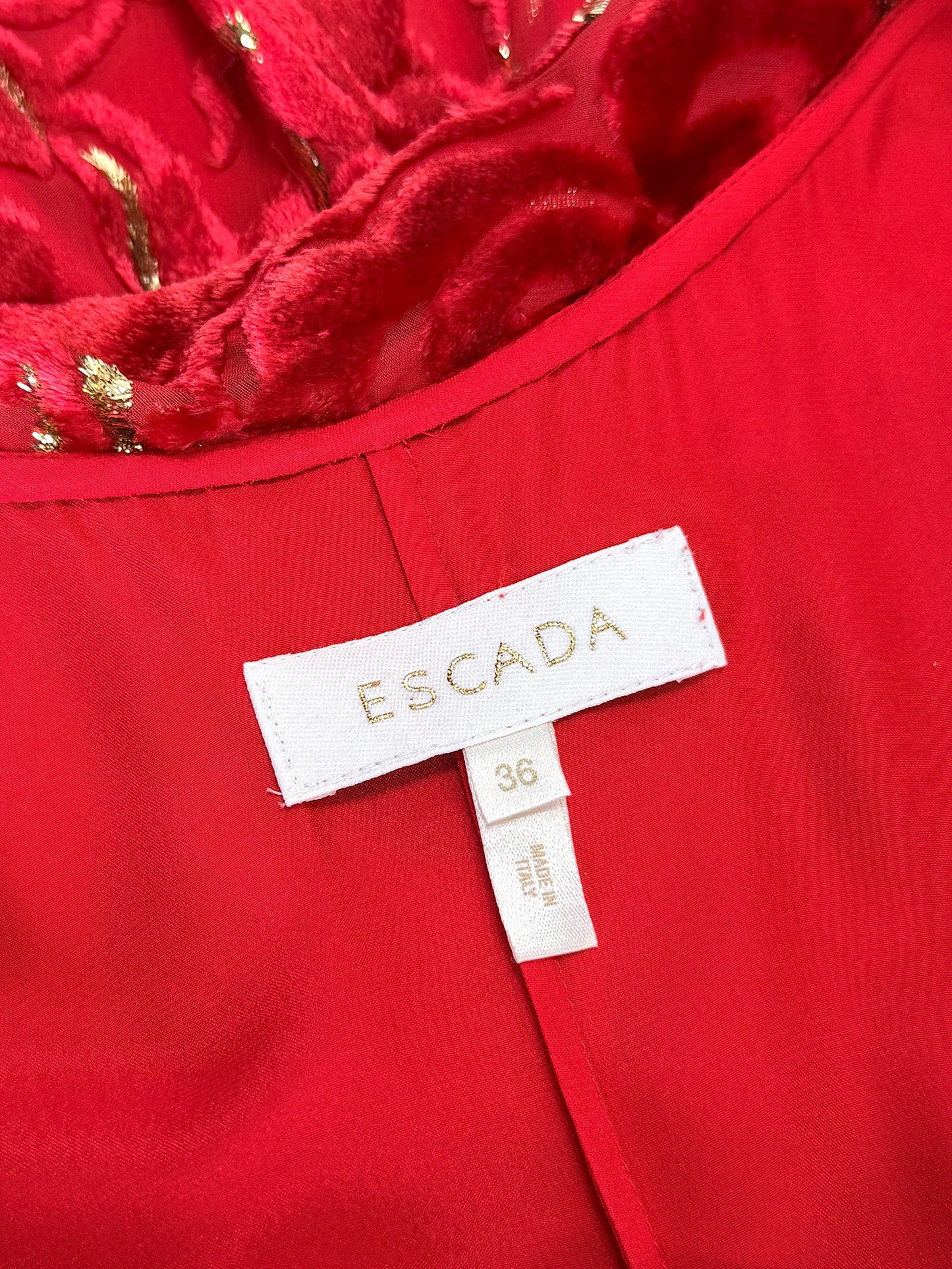 ESCADA 2002 Vintage Ad Campaign Red & Gold Devoré Velvet Evening Gown Size S
