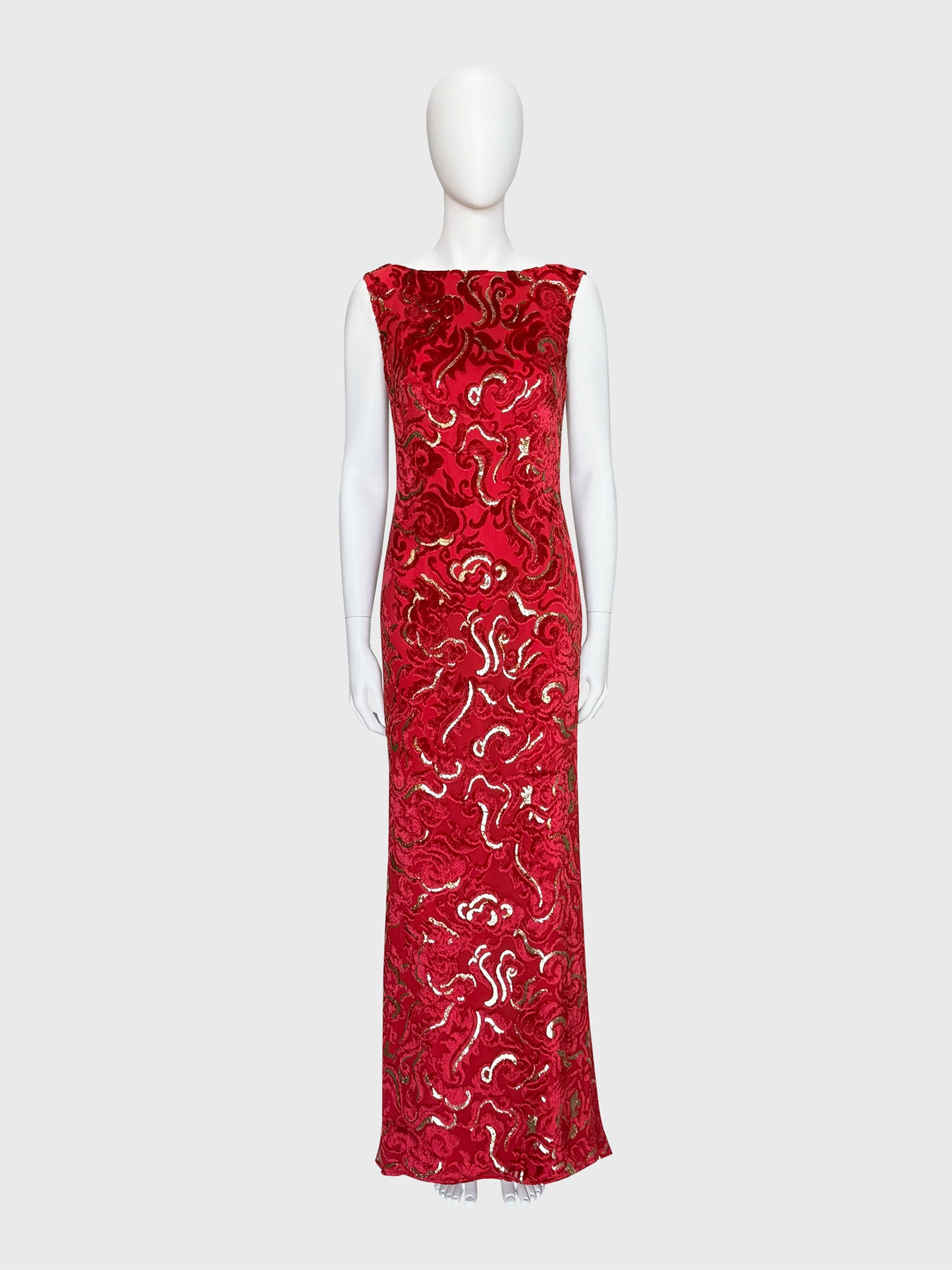 ESCADA 2002 Vintage Ad Campaign Red & Gold Devoré Velvet Evening Gown Size S